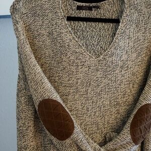 Women's V-Neck Sweater in Cream with Brown Accents